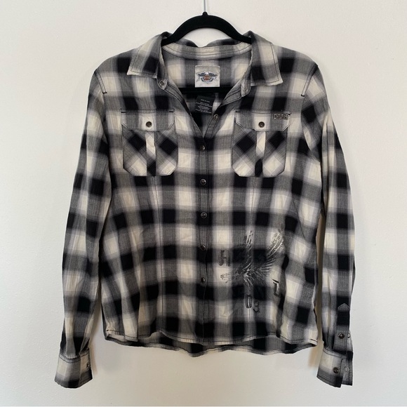 Harley-Davidson Tops - Harley Davidson black and white plaid button up size large